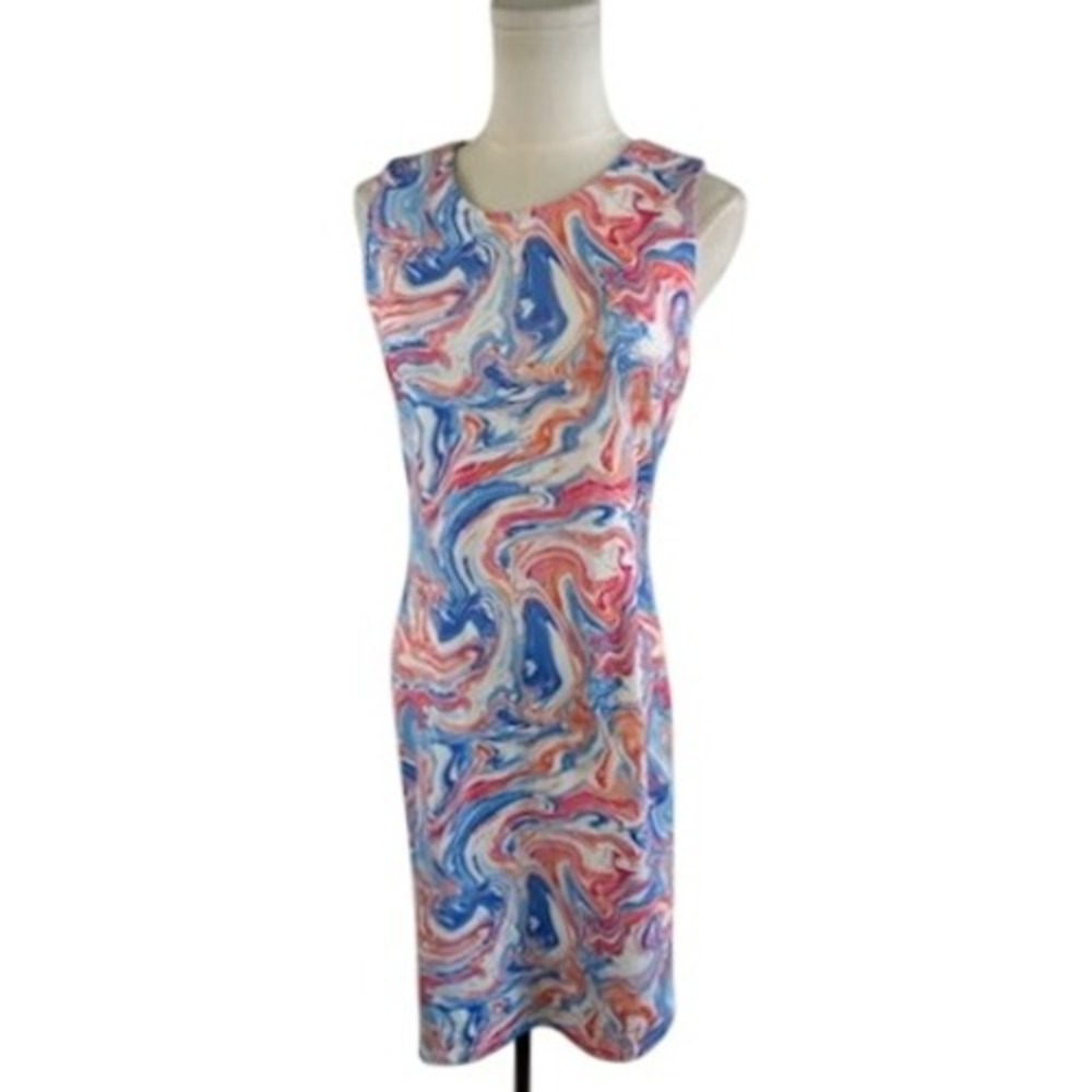 J.Mclaughlin Sleeveless Marblehead Sheath Dress Blue Coral Pink Size XS